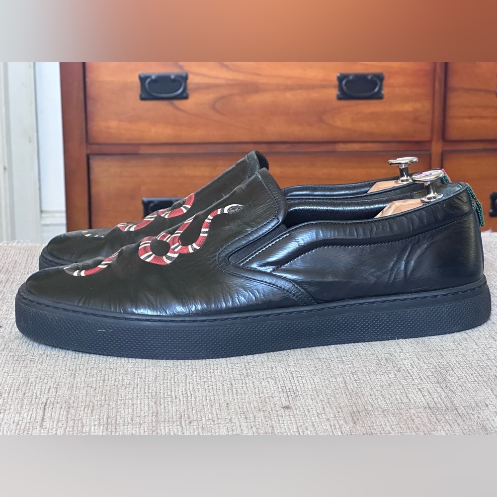 Gucci Snake Design Black Leather Men’s Slip-On Sneakers Size 12 G - Picture 9 of 13